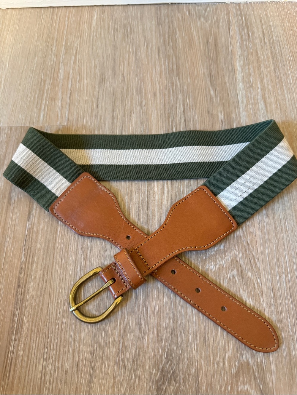 1937 Accessories XS/S Green Striped Elastic Genuine Leather Waist Belt brass